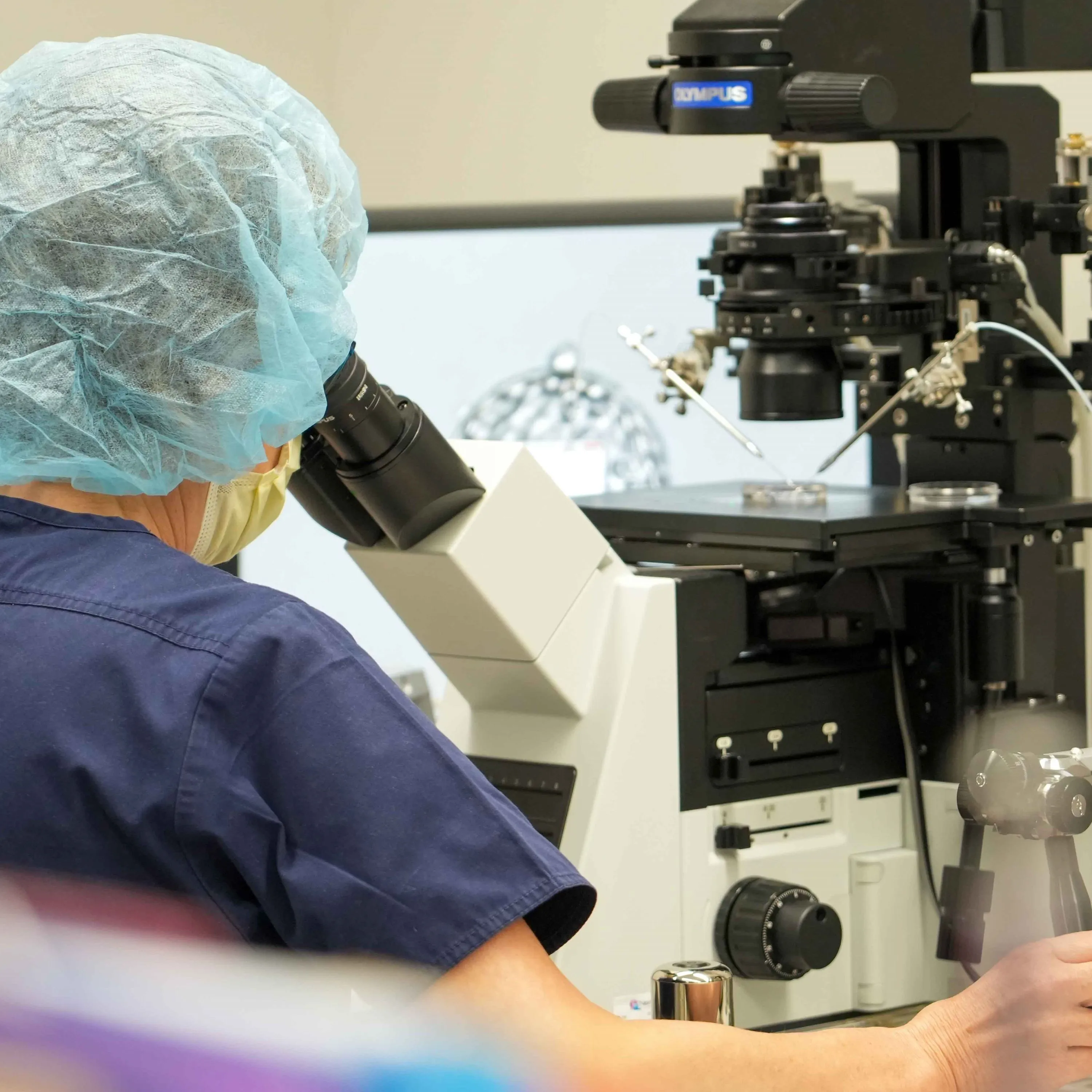 Embryologist working at microscope